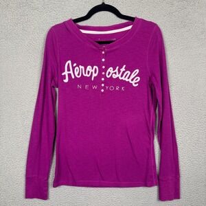 Aeropostale Top Womens XL Magenta Thermal Henley Sparkle Preppy Spellout Y2K